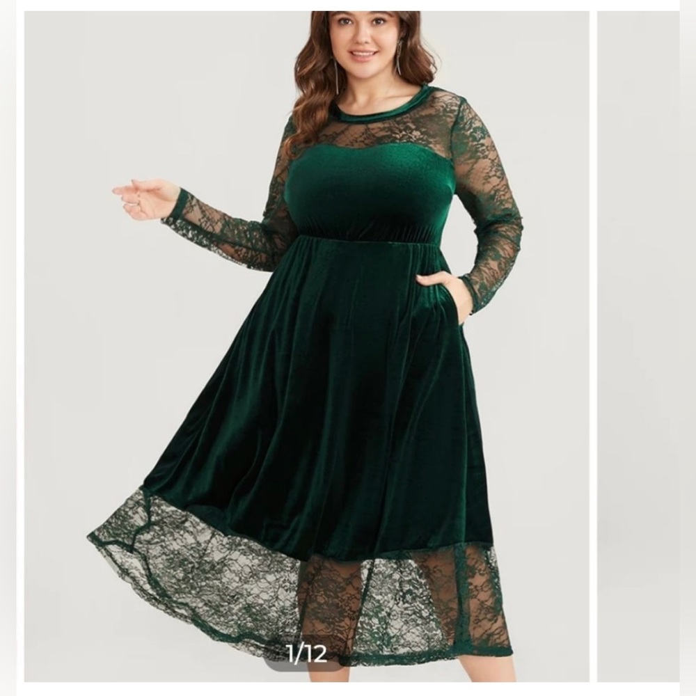 BloomChic Gorgeous Woman’s Long Sleeve Green Velvet Lace Dress Size 14/16 (1X)